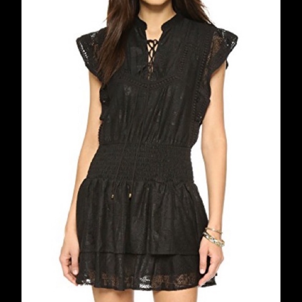 Moon River Ruffle Mini Dress with Lace Up Front in Black